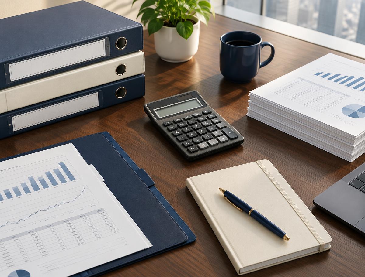 Organised financial records, calculator and planning notes on a desk